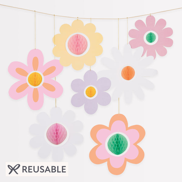 Our flower hanging decorations, with 3D honeycomb centres, are perfect for a pink party, groovy party or summer party Image1