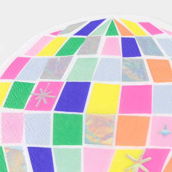Our paper napkins, made from 3-ply paper, are disco ball shaped with lots of shimmering holographic foil, ideal or a disco party. Image2