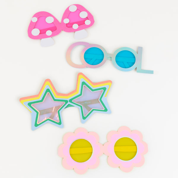 Our party glasses feature fun designs of stars, flowers and mushrooms, with cool coloured lenses, for age 3+ cool style. Image1
