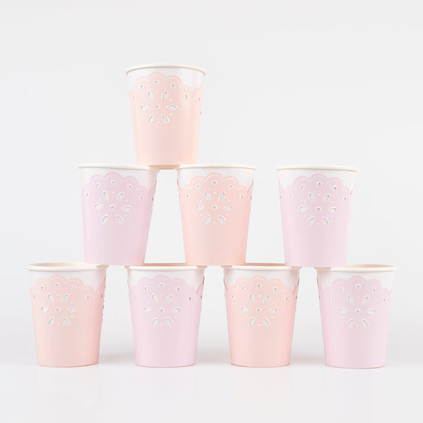 Our party cups are very pretty with their lace design and pink and peach colours.