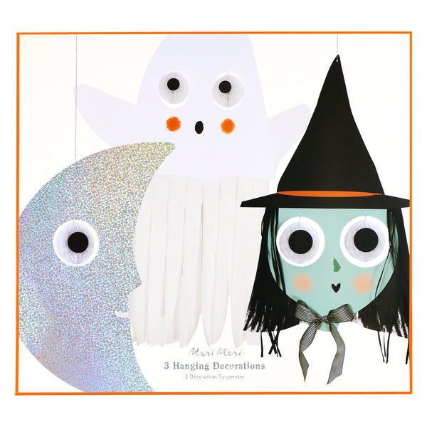 Our giant Halloween decorations set, especially designed for hanging, includes a witch, ghost and moon with fun honeycomb dangling eyeballs. Image7