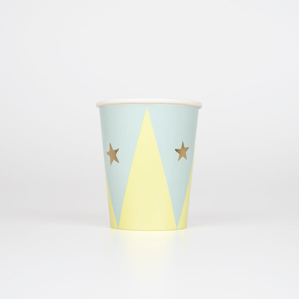 Our circus cups are perfect for a circus themed party, with bright colours and shiny gold foil stars. Image4