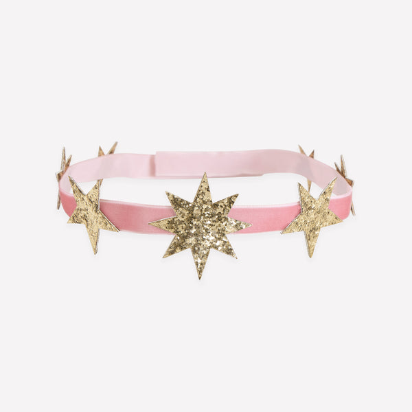 Our Christmas crowns, made with pink velvet elastic ribbons and gold glitter stars, are  perfect to wear at parties and Christmas dinner. For 3+. Image1