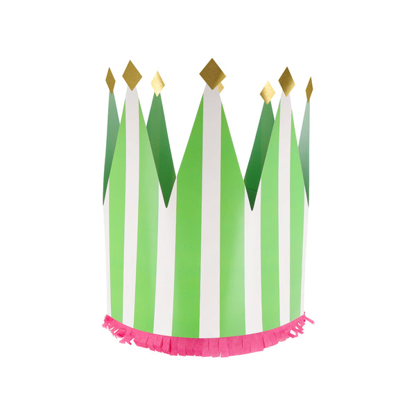 Our paper crowns, made with vibrant stripes, tissue paper fringing and shiny gold foil details, are the perfect birthday party hats. Image7