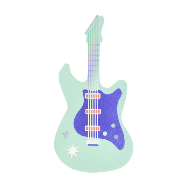 For a cool touch at a music lover's party add our paper napkins in the shape of an electric guitar, in neon coral, blue, mint and white. Image6