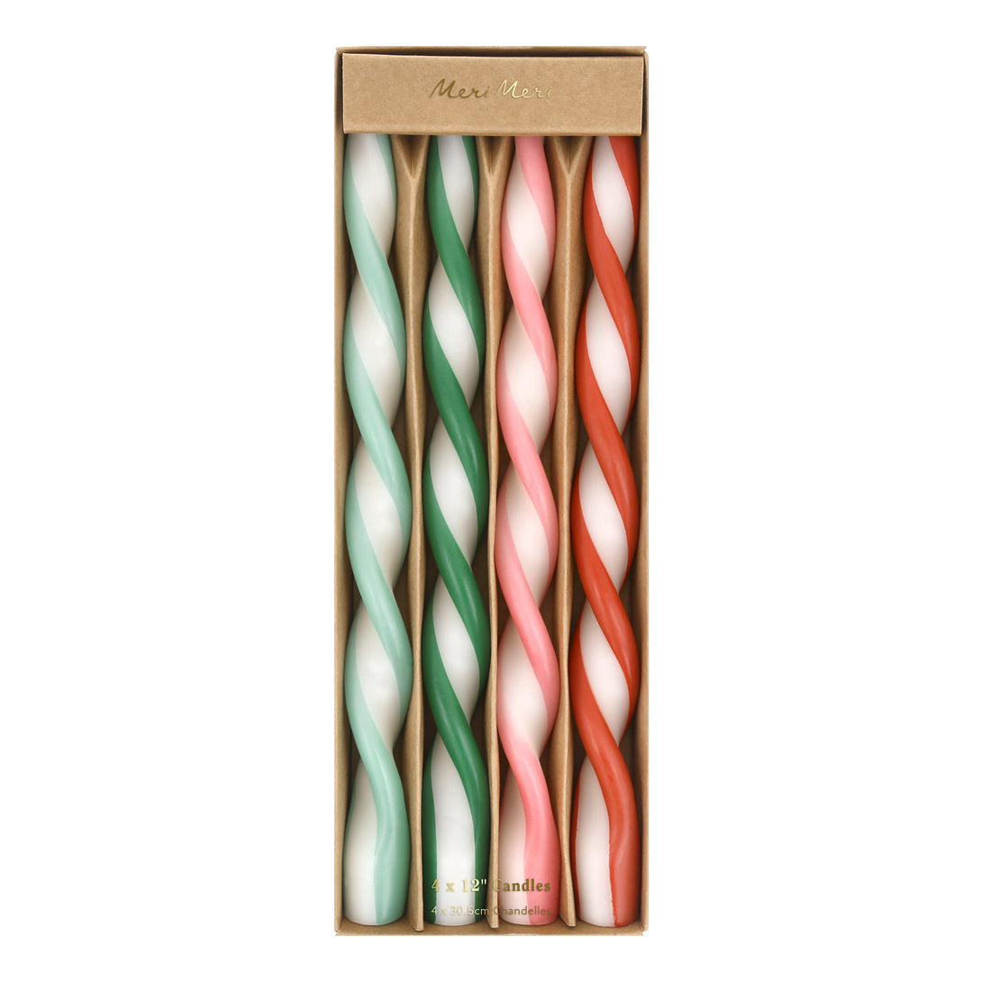 Use our twisted candles, in red, pink, blue, green and ivory, for a wonderful effect on your Christmas table or mantel. Image4