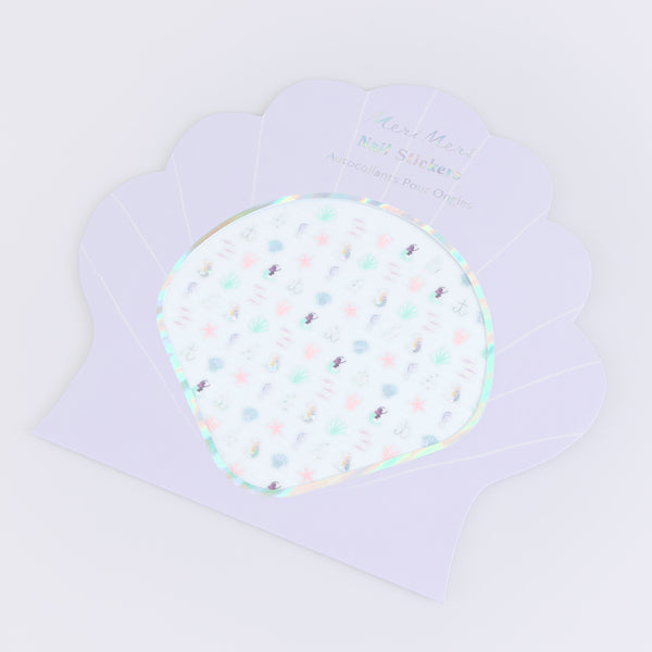Our set of 200 nail stickers features mermaid and under-the-sea icons with lots of shimmering silver foil, perfect for party fun. Ages 3+. Image1
