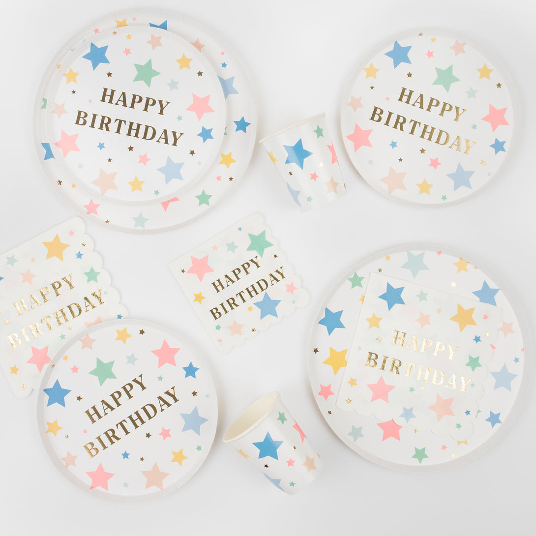 Our side plates with colourful stars and gold letters are perfect as birthday party plates.