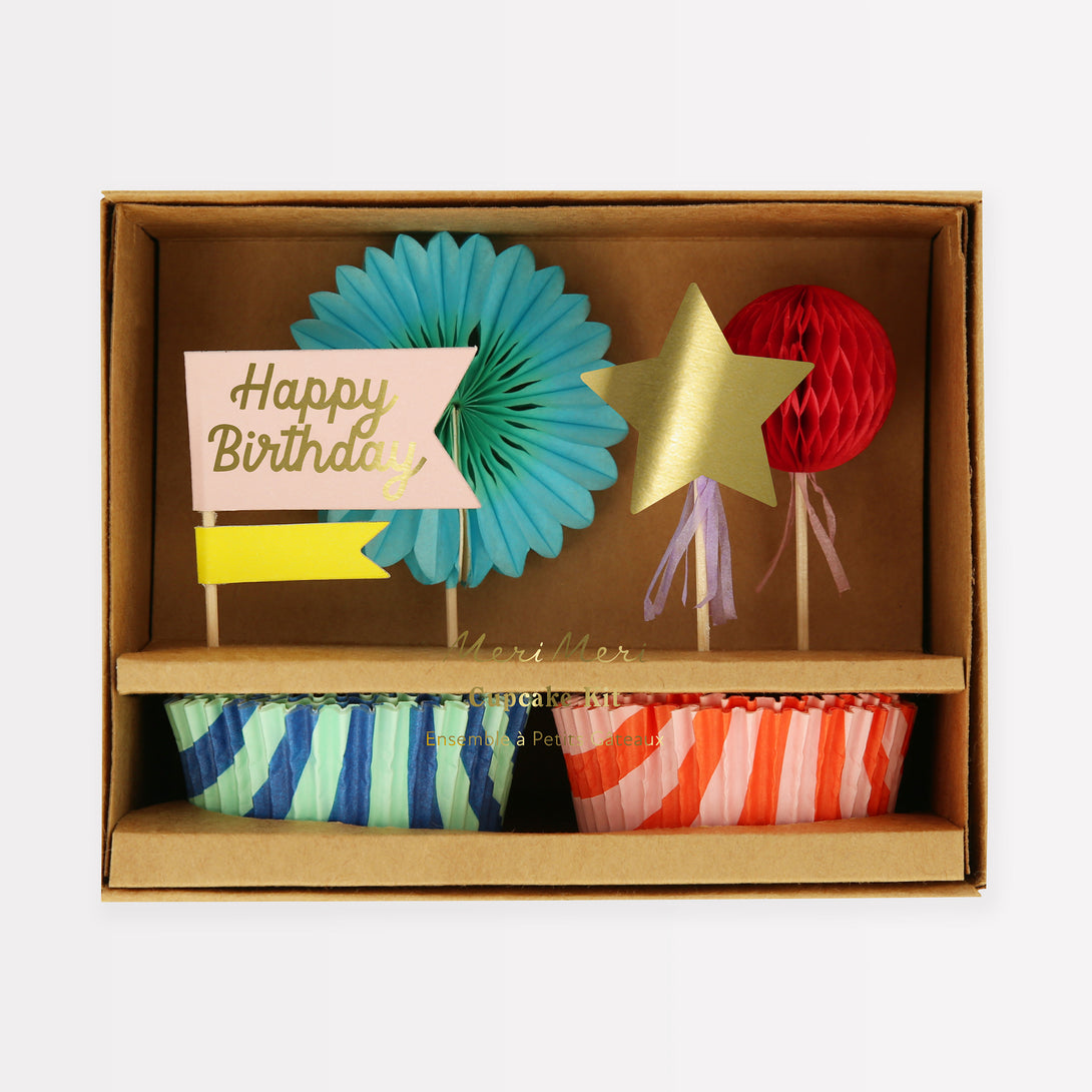Our bright stripes party set has everything you need in a birthday supply set, with tableware, a cupcake kit, party hats and a mini garland. 