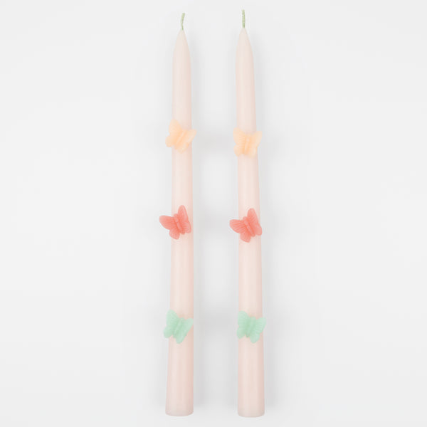 Our tall candles, in pink with coloured wax butterflies, are perfect as princess party candles or fairy party candles.