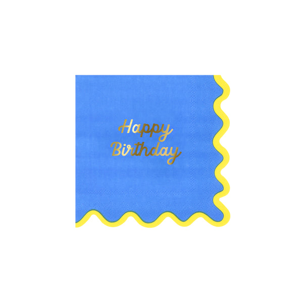 Our birthday napkins, made from paper in a small size, feature four bright colourways, a ricrac style edge, and a shiny gold foil Happy Birthday. Image6