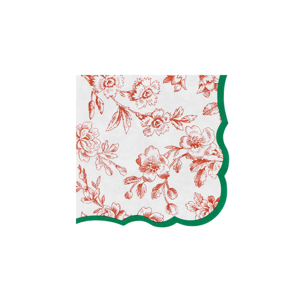 Our small Christmas paper napkins, made from 3-ply paper, feature an elegant Toile de Jouy design in red and green with coordinating borders. Image3