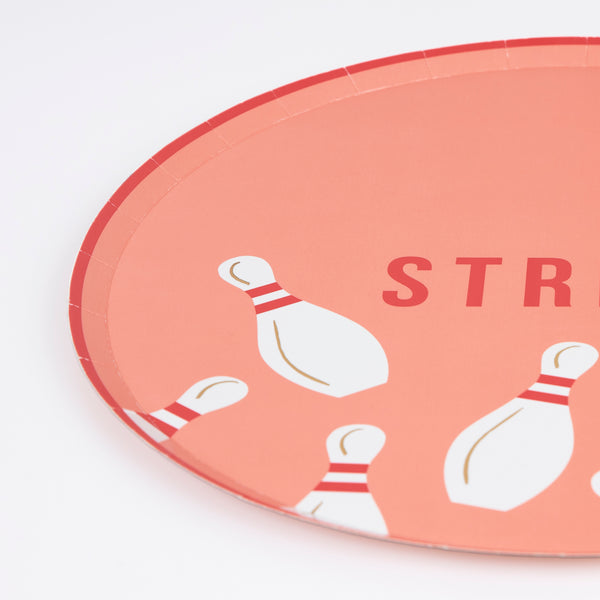 Our paper plates, featuring a bowling pin design, are ideal for a bowling birthday party. Image2