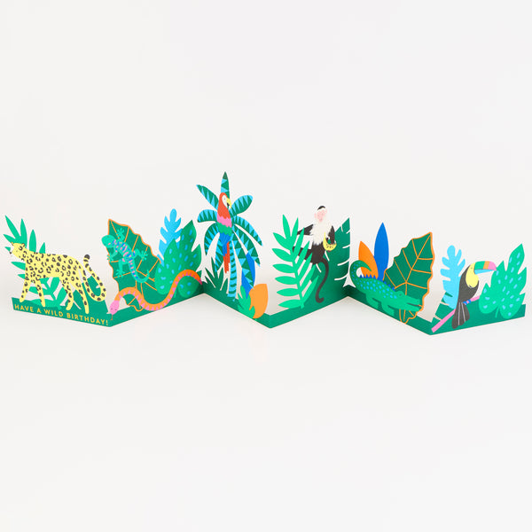 Send wild birthday greetings with this concertina birthday card featuring jungle animals, a vibrant way to wish them a happy day. Image1