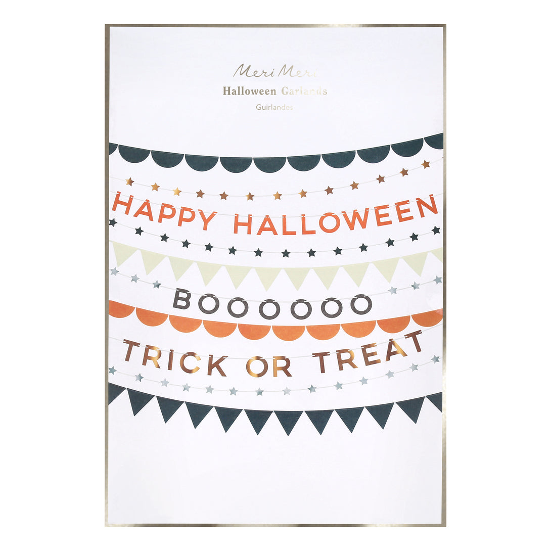 Our 10 Halloween garlands feature classic text, stars, scallops and triangles in black, orange, cream, silver and copper foil. Image2