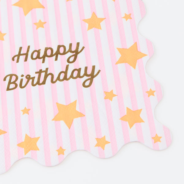 Our large napkins, made from 3-ply paper, are perfect for a birthday party, featuring stripes, neon stars, and a gold foil “Happy Birthday”. Image3