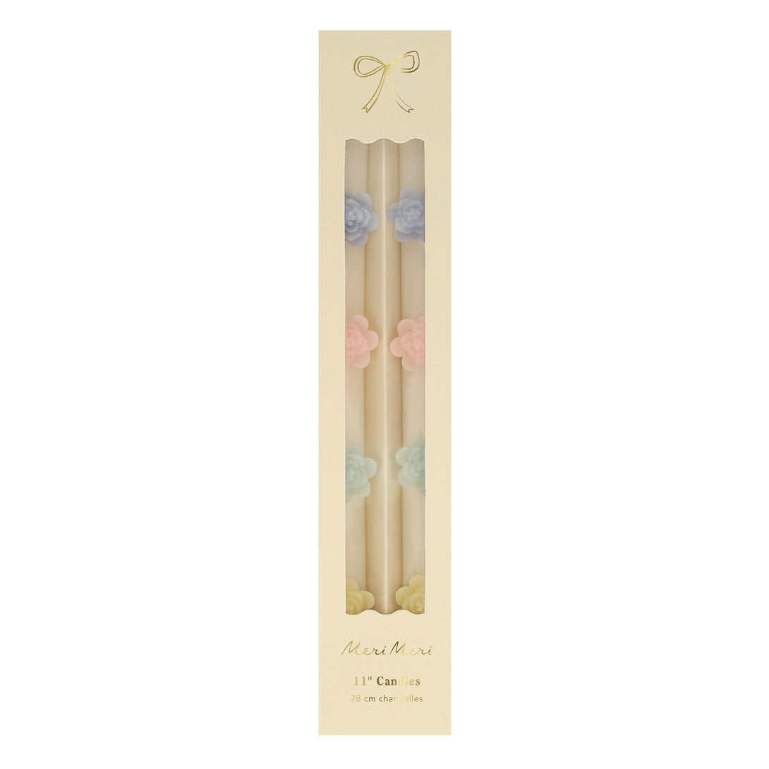 Our decorative candles are an elegant taper shape with 3D wax flowers. Image5