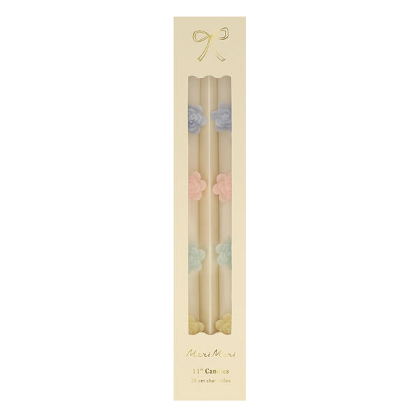 Our decorative candles are an elegant taper shape with 3D wax flowers. Image5