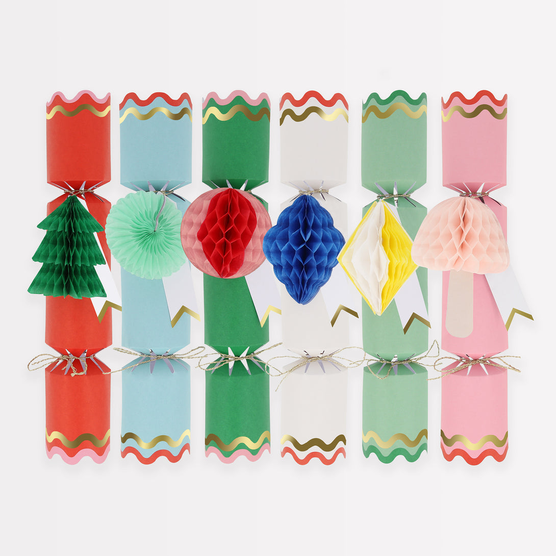 Our honeycomb crackers are colourful and stylish, and contain fun gifts, a party hat and a joke.