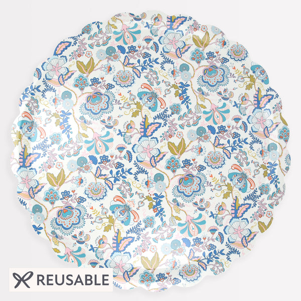Our wooden round tray has a scalloped edge, floral Liberty print design, and a melamine finish. Image1
