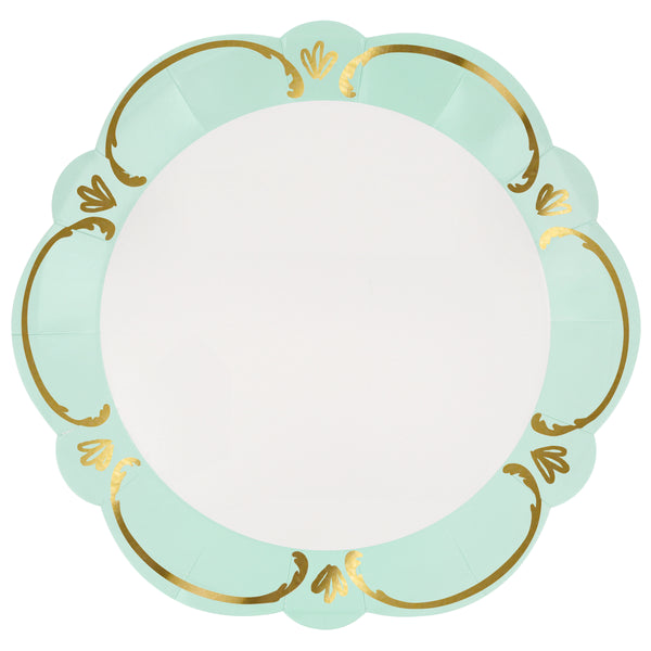 Our pastel plates, made from premium paper in pink, blue, yellow and green, with shiny gold foil details, have an elegant rococo design. Image7