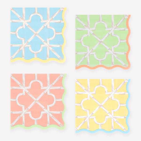Our small napkins, made from 3-ply paper, come in four bright colours with a sensational bamboo design, perfect for cocktail parties and meals. Image1