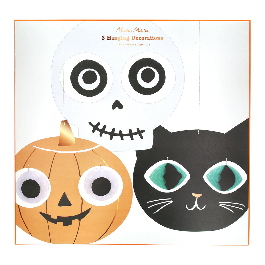 Our Halloween hanging decorations feature a skull, cat and Halloween pumpkin, with happy faces and 3D dangling eyeball details. Image6