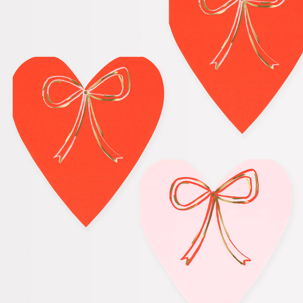 Our party napkins, crafted in the shape of hearts, featuring pink and red colours and fashionable bows.