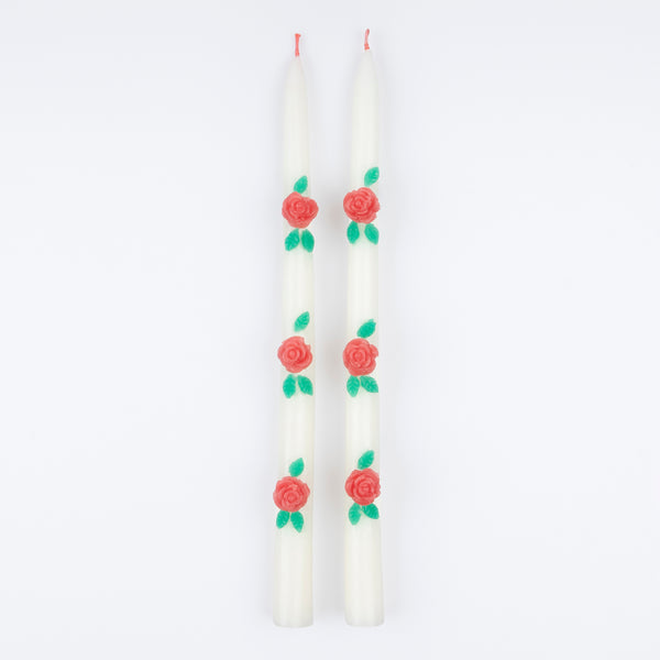 Our ivory candles have red rose embellishments and red wicks, ideal to add to your Valentine's party supplies.