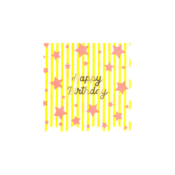 Our small napkins, made from 3-ply paper, are perfect for a birthday party, featuring stripes, neon stars, and a gold foil “Happy Birthday”. Image4