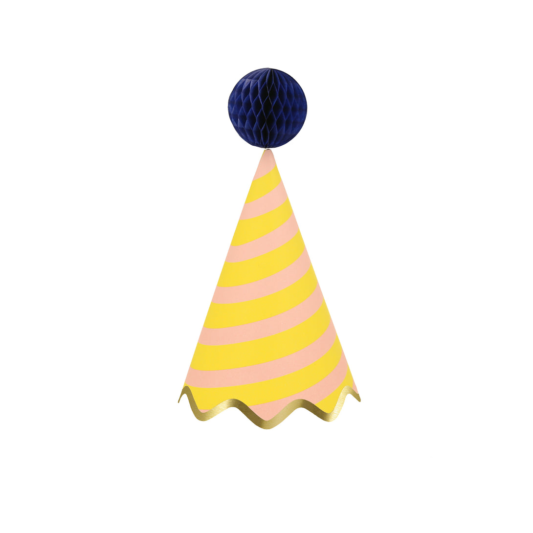 Our party accessories include hats with stripes and pompoms for a fun look.