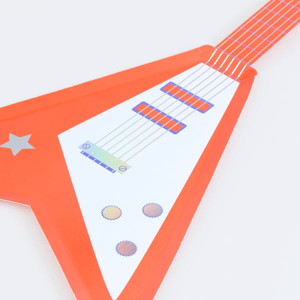 Make your rock party look amazing with our paper electric guitar shaped plates, holographic foil and neon pops of colour add style and shimmer. Image2