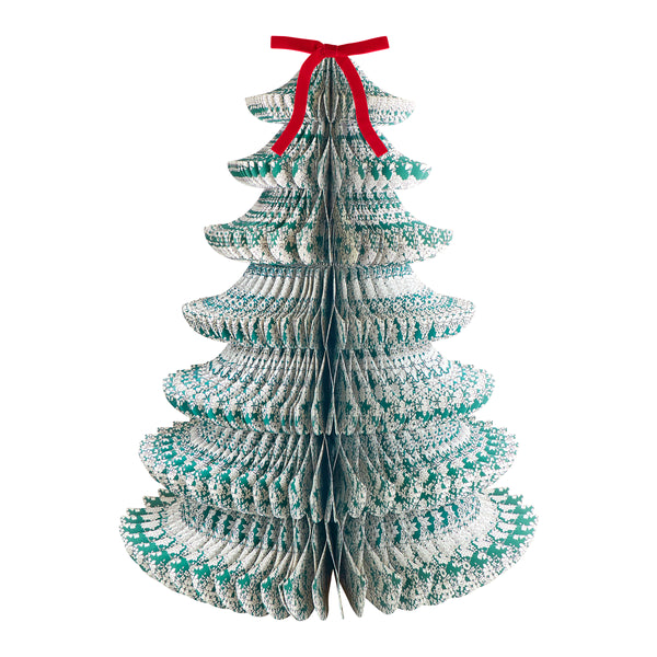 Our decorative Christmas trees, made in 3D shapes from honeycomb paper, feature beautiful Liberty print designs and red velvet bows on top. Image3