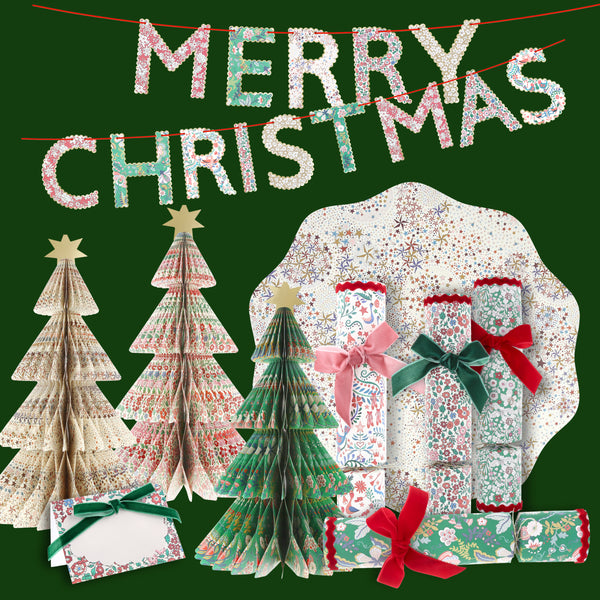 Enjoy a Meri Meri and Liberty Christmas collaboration with our placecards, place mats, no-snap crackers, 3D trees and festive garland. 