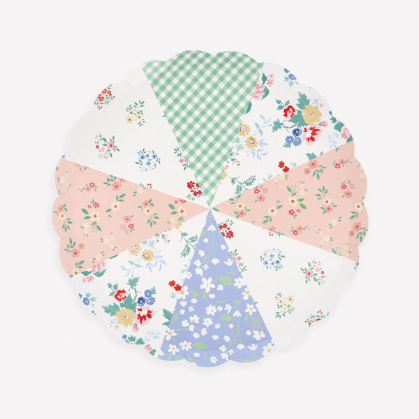 Our small plates, made from paper, feature a pretty patchwork design of florals and ginghams in soft pastels, ideal as a bridal shower plates. Image1