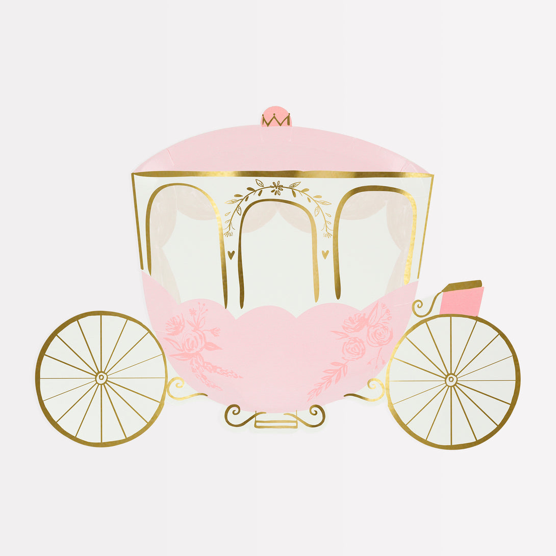 Our party plates, in the shape of a fairy tale carriage, are perfect for your princess themed party.