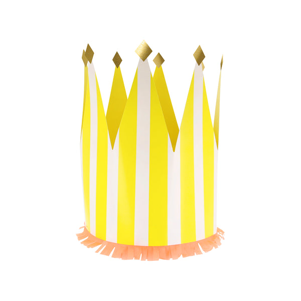 Our paper crowns, made with vibrant stripes, tissue paper fringing and shiny gold foil details, are the perfect birthday party hats. Image4