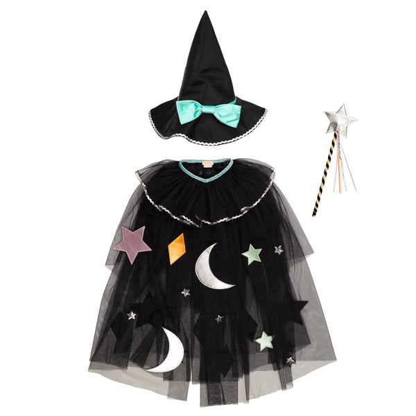 Our luxury witch costume set includes a tulle cape, an witch hat with a velvet bow and a colourful ribbon wand with a silver sequin star. Image7