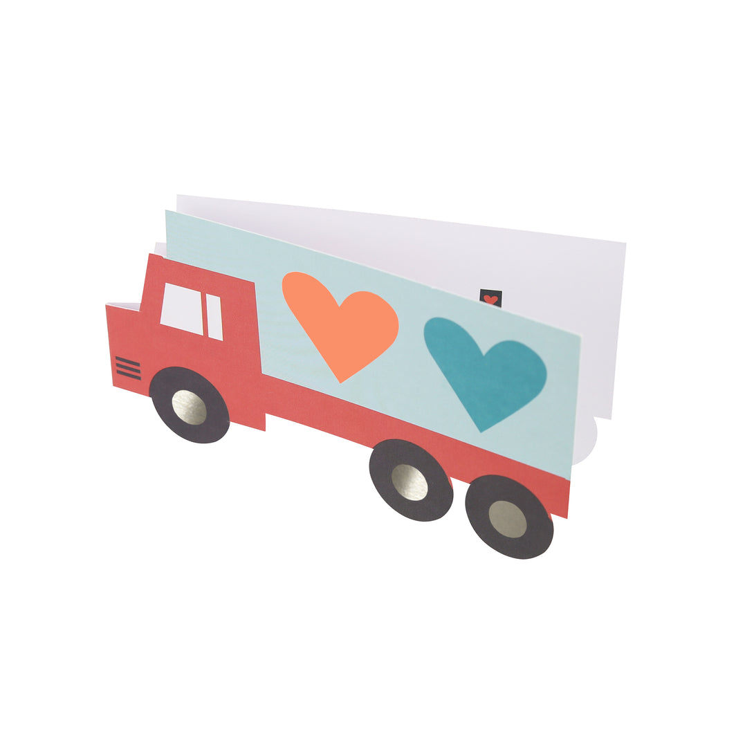 Our Valentine's cards for kids set include brightly coloured trucks and Valentine's stickers.