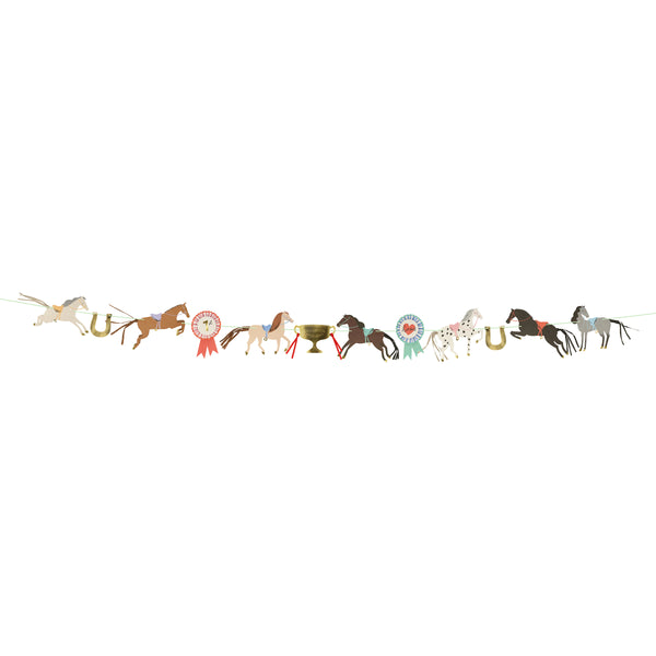 Our party garland is ideal for a horse party or a horse decoration, as it features horses, rosettes and shiny gold horseshoes. Image3
