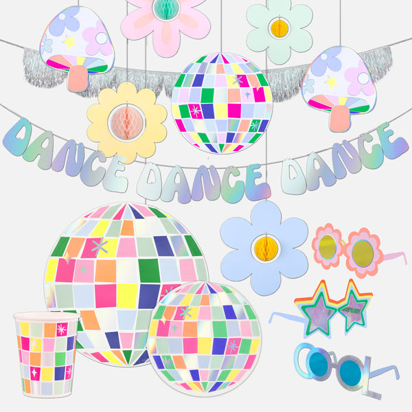 Our disco party set feature themed tableware and decorations with plenty of sparkle and shine, and fun party glasses as fantastic party favours. 