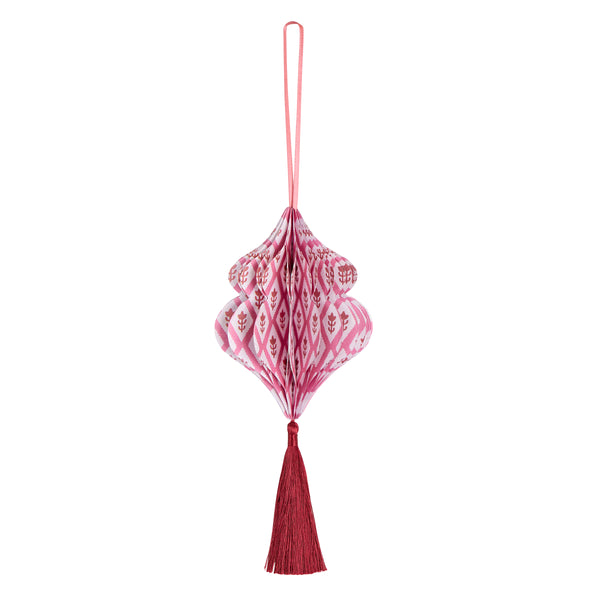 Our honeycomb Christmas tree decorations feature Molly Mahon block print designs in seasonal colours with shimmering tinsel tassels. Image6