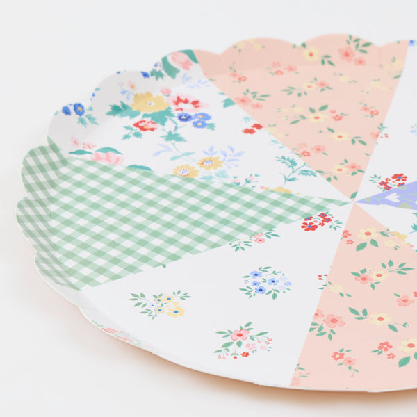 Our small plates, made from paper, feature a pretty patchwork design of florals and ginghams in soft pastels, ideal as a bridal shower plates. Image2