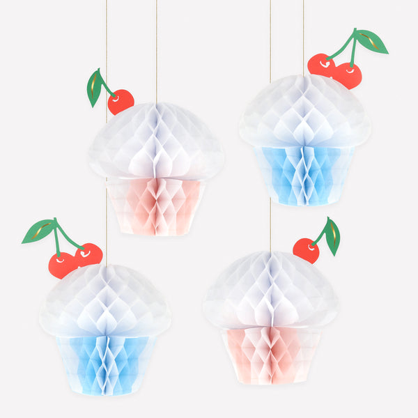 Our paper cupcakes, made from 3D honeycomb, are the sweetest birthday decorations, simply hang wherever you want a special touch. Image1