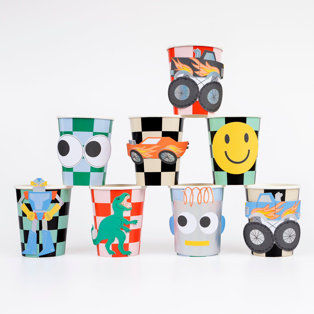 Our party cups feature monster trucks, cars, robots, a dinosaur, googly eyes and a smiley face, perfect for fun birthday parties.