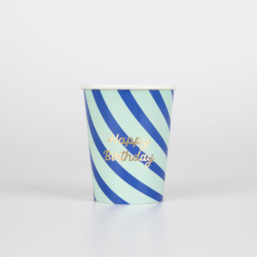 Our birthday cups look amazing with bright stripes of colour and shiny gold foil details.