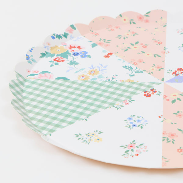 Our party plates, made from paper, feature a pretty patchwork design of florals and ginghams in soft pastels, ideal as a bridal shower plates. Image2