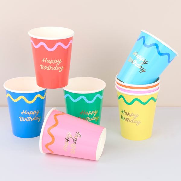 Our birthday party cups are created in eight bright colourways with a shiny gold foil Happy Birthday message, suitable for hot and cold drinks. Image1