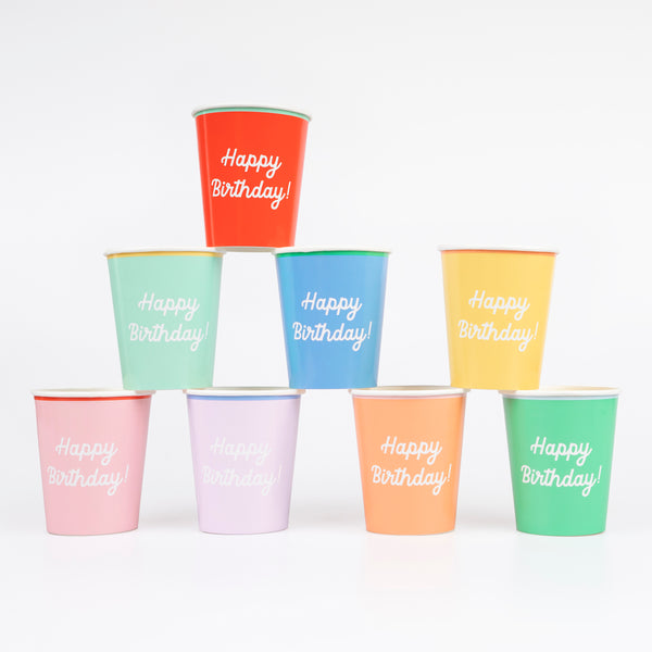 Our birthday party cups come in a rainbow of colours with the words Happy Birthday printed on the front.