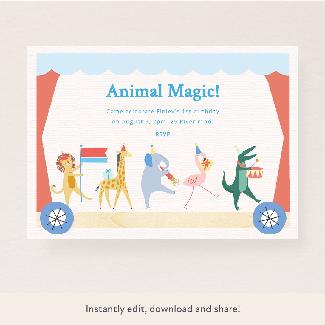 Our personalised party invitation, featuring an adorable animal design, is perfect for a circus party or a child's birthday party.